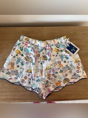 Roller Rabbit White Camp Print Cotton Shorts with Multicolor Illustrations